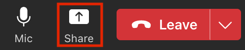 The share button shown with a rectangular icon with an upwards facing arrow.
It is next to the red Leave button in the top right of the meeting.