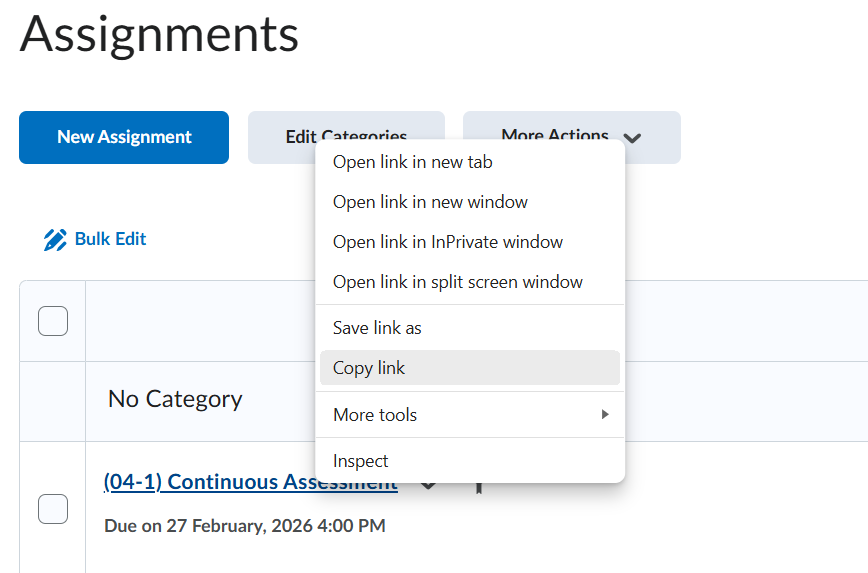 Copy link in the context menu when right clicking the assignment title in the Assignments tool
