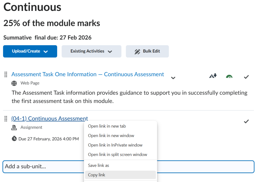 Copy link option in the Content Area