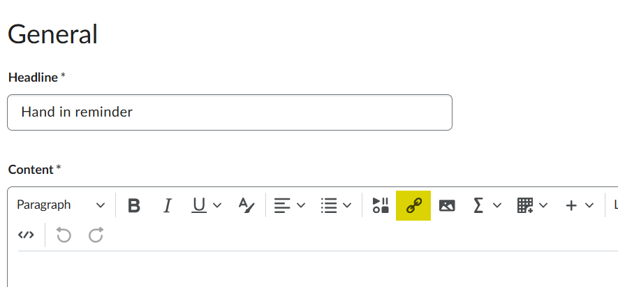 Announcements authoring screen with link icon highlighted